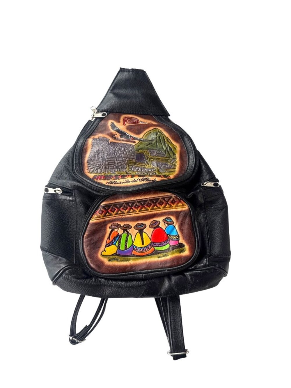 Handcrafted Peruvian Leather Backpack With Colorful Design & Adjustable Straps